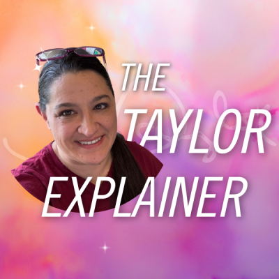 Photo of Krys Sloane on an orange, fuchsia, and purple background, with the text "The Taylor Explainer"